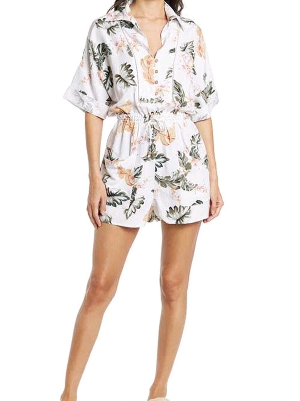 Floral Drawstring Waist Romper in Soft Cream with Green Leaves